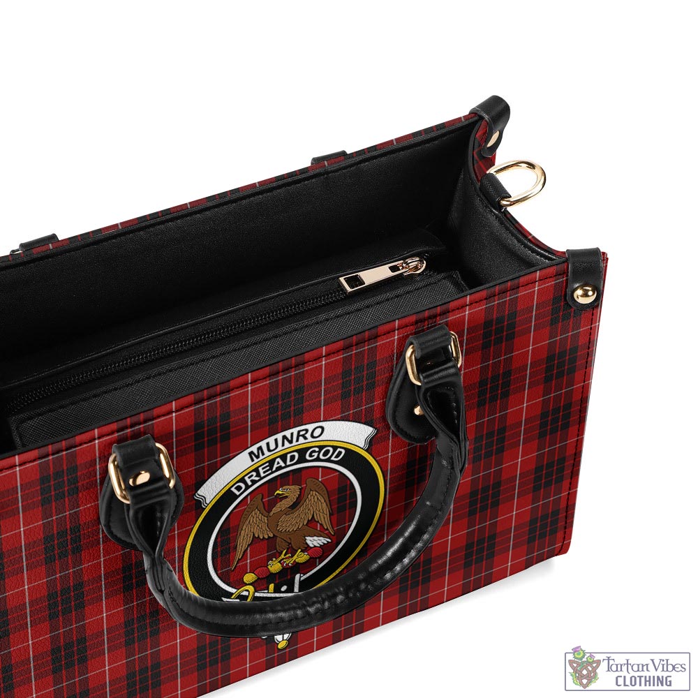 Tartan Vibes Clothing Munro Black and Red Tartan Luxury Leather Handbags with Family Crest