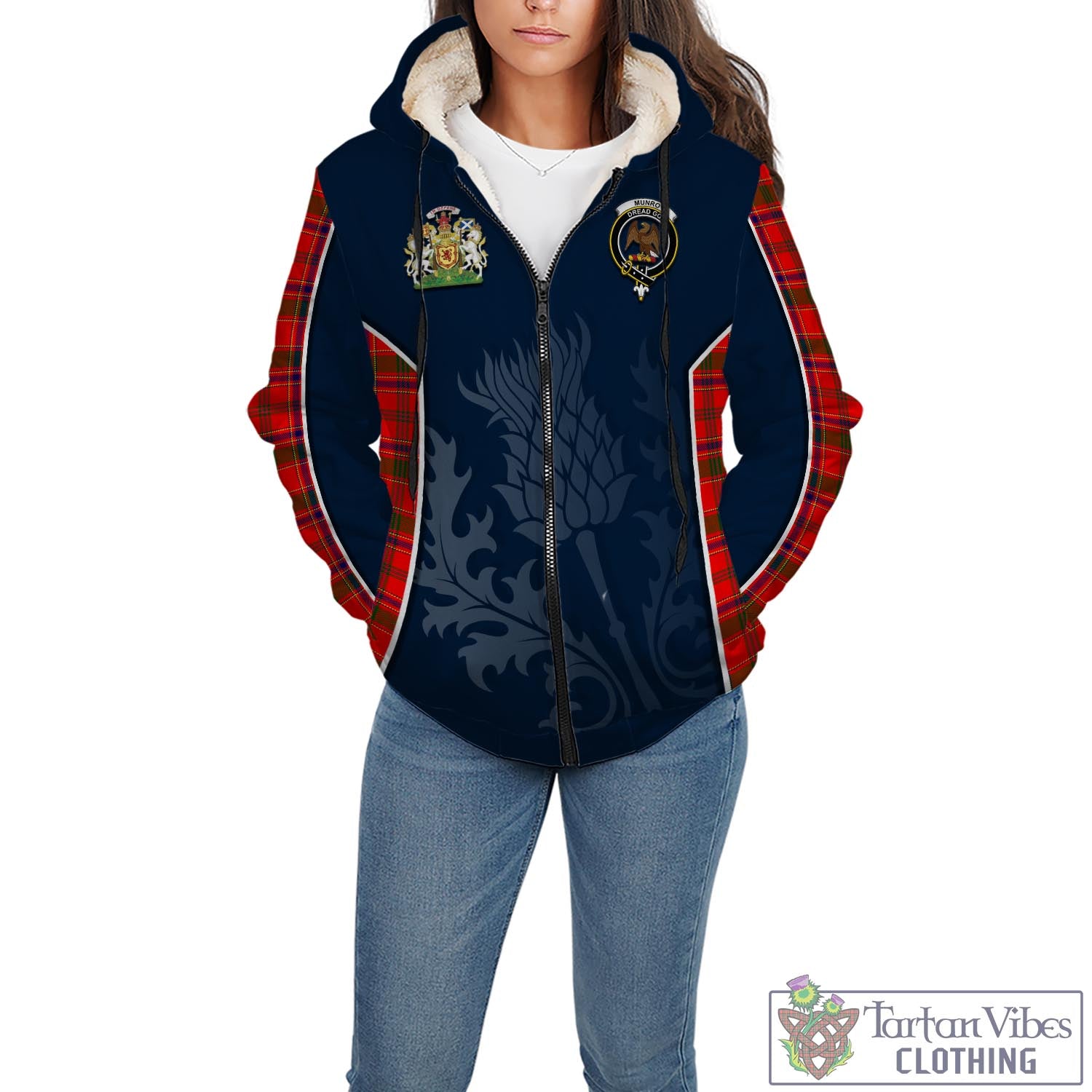 Tartan Vibes Clothing Munro Modern Tartan Sherpa Hoodie with Family Crest and Scottish Thistle Vibes Sport Style