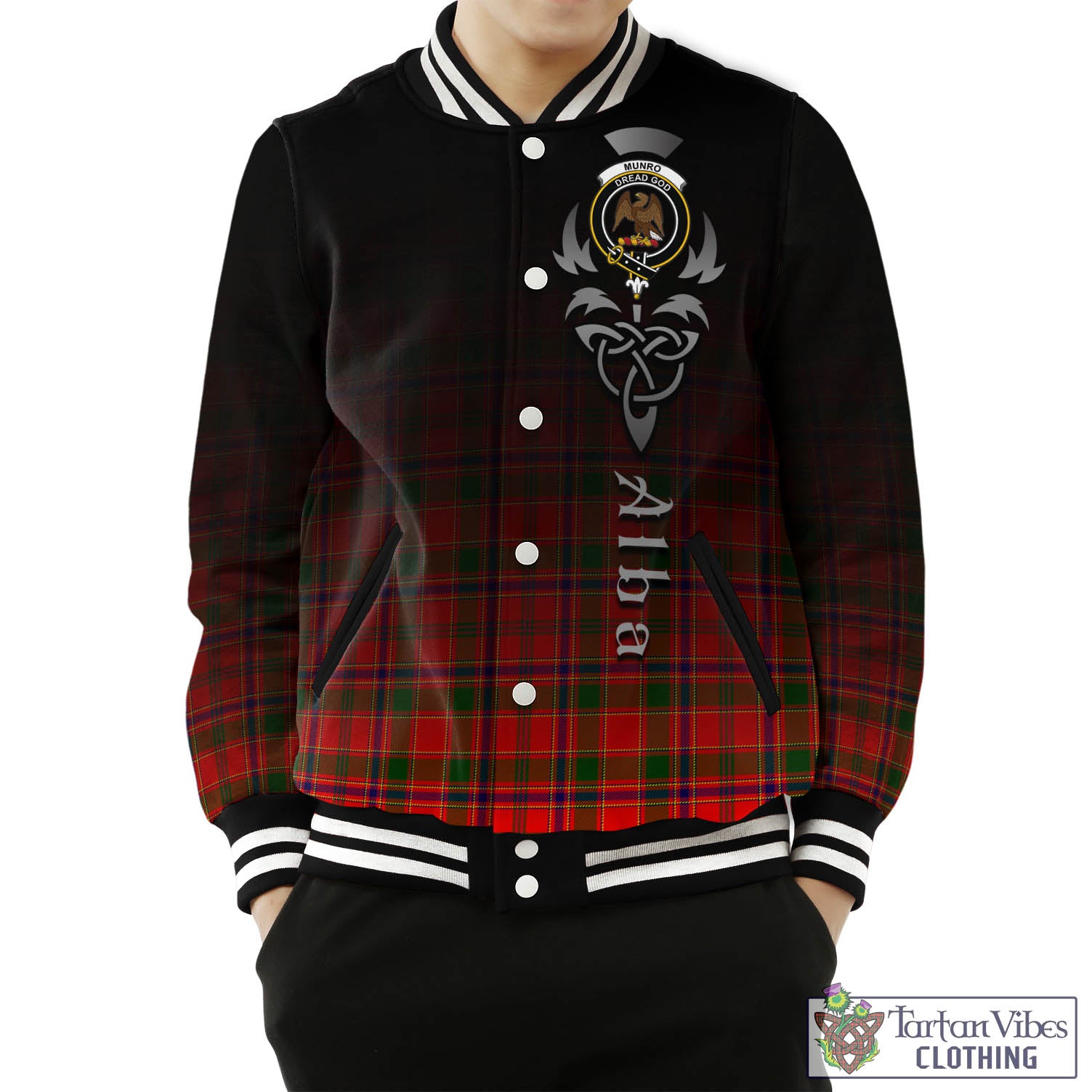 Tartan Vibes Clothing Munro Modern Tartan Baseball Jacket Featuring Alba Gu Brath Family Crest Celtic Inspired