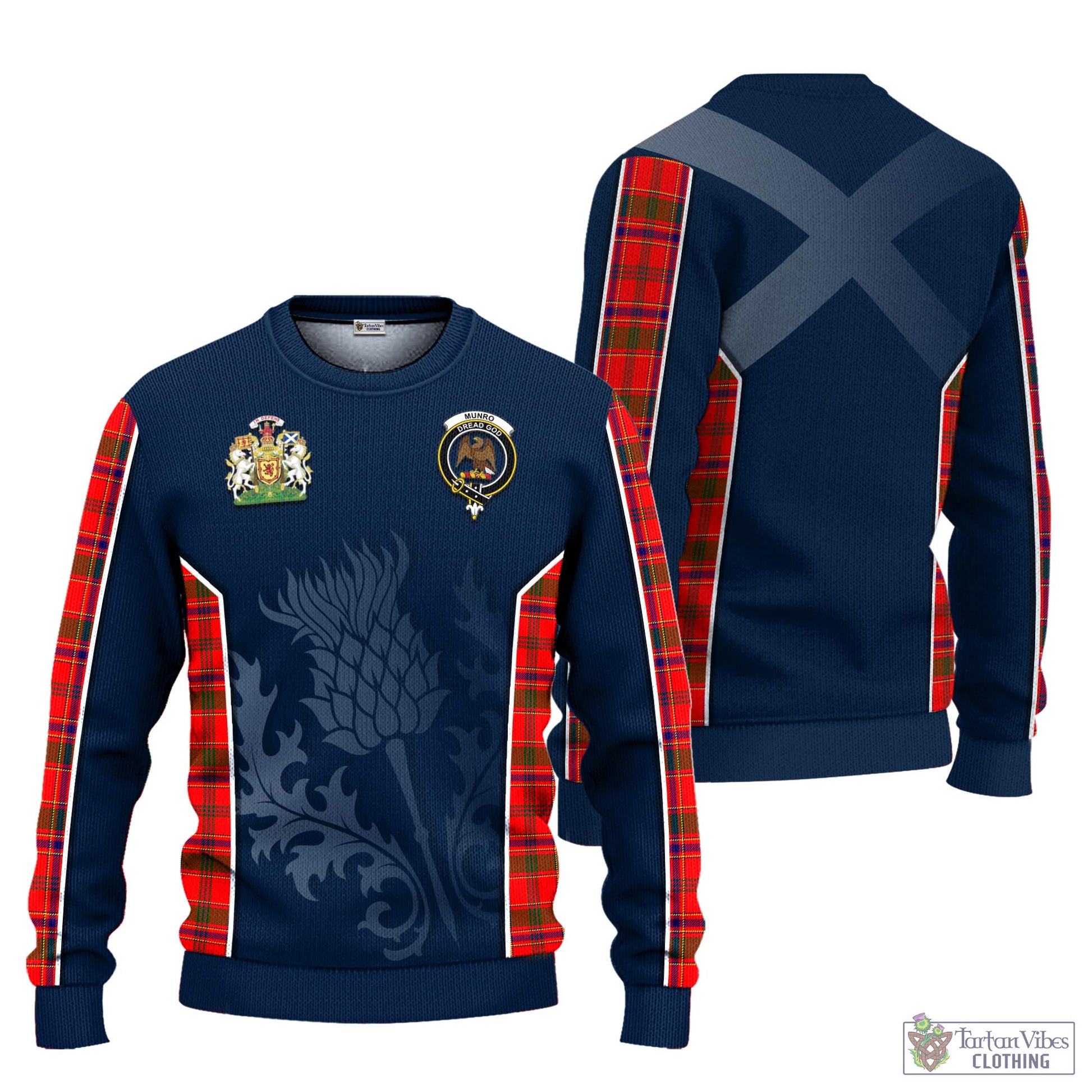 Tartan Vibes Clothing Munro Modern Tartan Knitted Sweatshirt with Family Crest and Scottish Thistle Vibes Sport Style