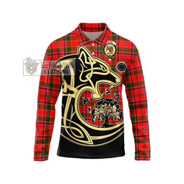 Munro Modern Tartan Long Sleeve Polo Shirt with Family Crest Celtic Wolf Style