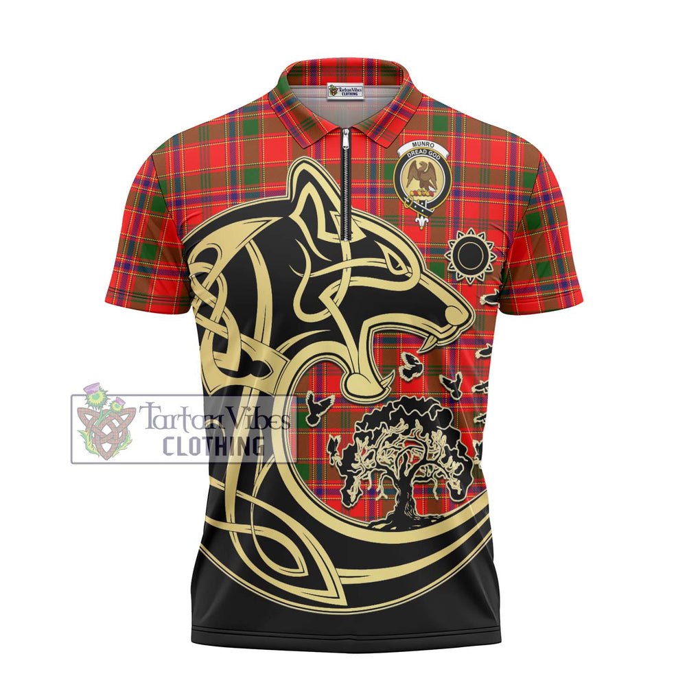 Munro Modern Tartan Zipper Polo Shirt with Family Crest Celtic Wolf Style - Tartanvibesclothing Shop