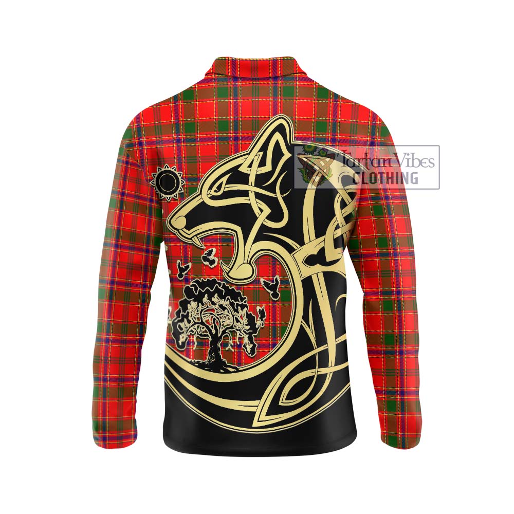 Munro Modern Tartan Long Sleeve Polo Shirt with Family Crest Celtic Wolf Style - Tartanvibesclothing Shop