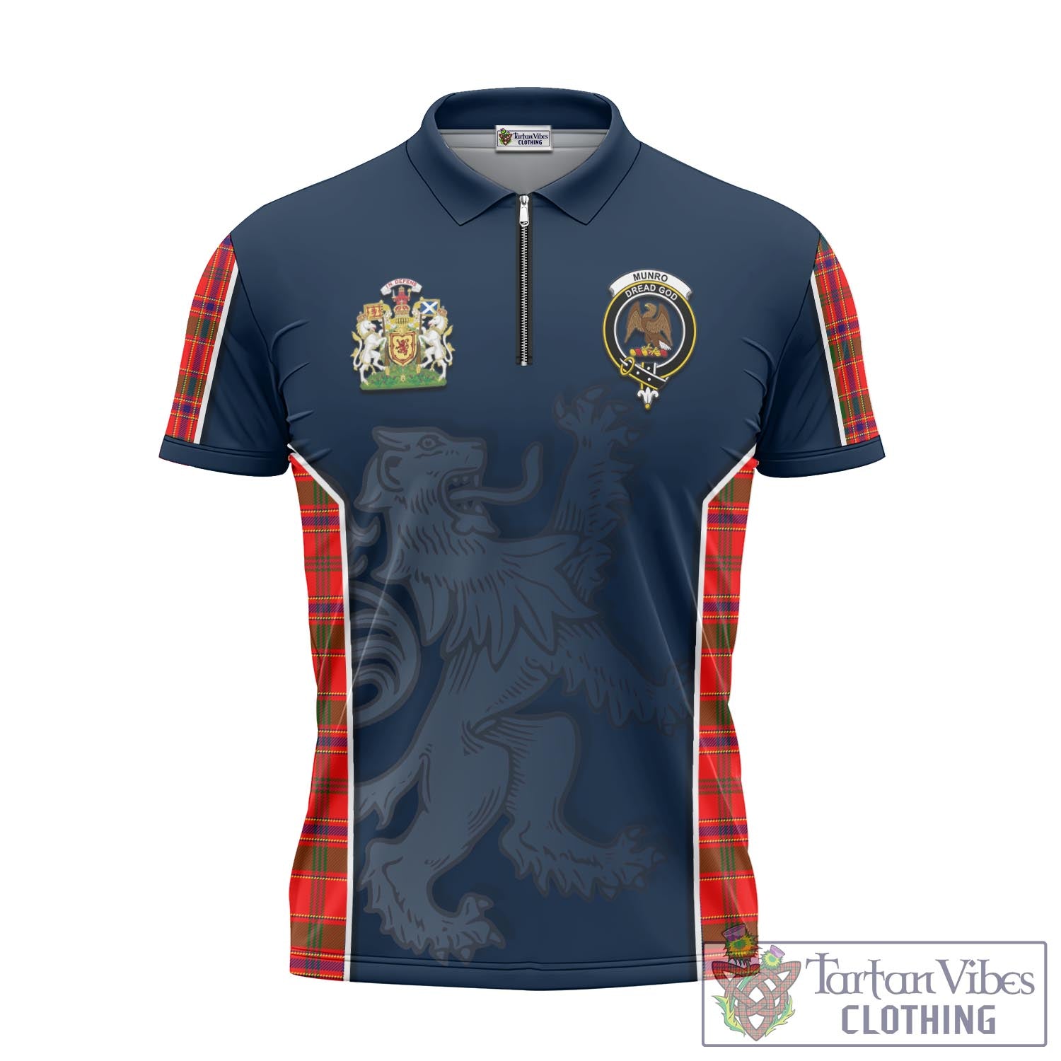 Tartan Vibes Clothing Munro Modern Tartan Zipper Polo Shirt with Family Crest and Lion Rampant Vibes Sport Style