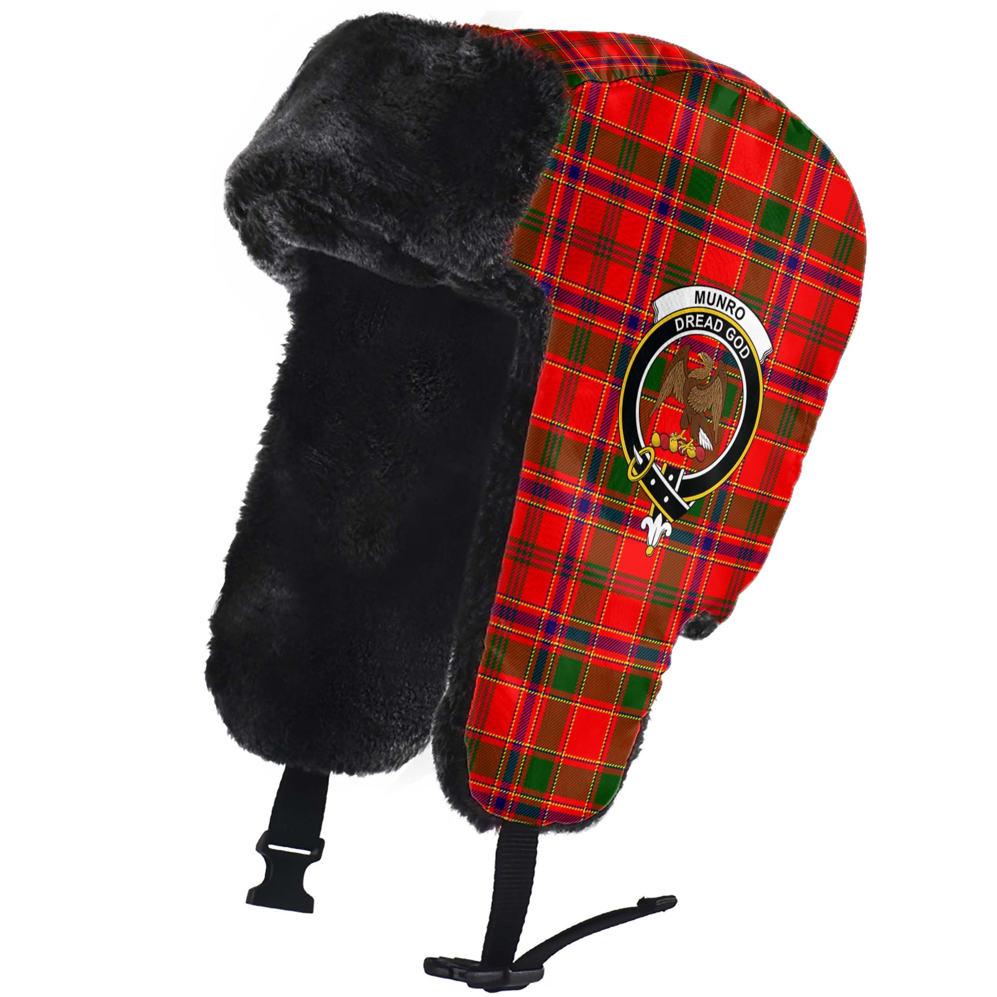 Munro Modern Tartan Winter Trapper Hat with Family Crest - Tartanvibesclothing