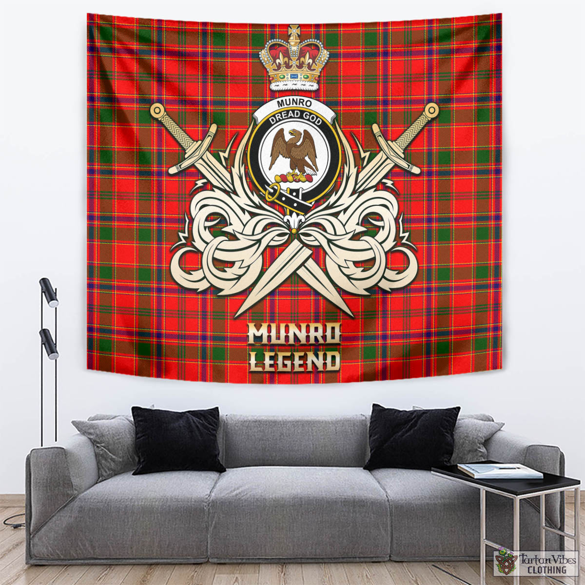 Tartan Vibes Clothing Munro Modern Tartan Tapestry with Clan Crest and the Golden Sword of Courageous Legacy