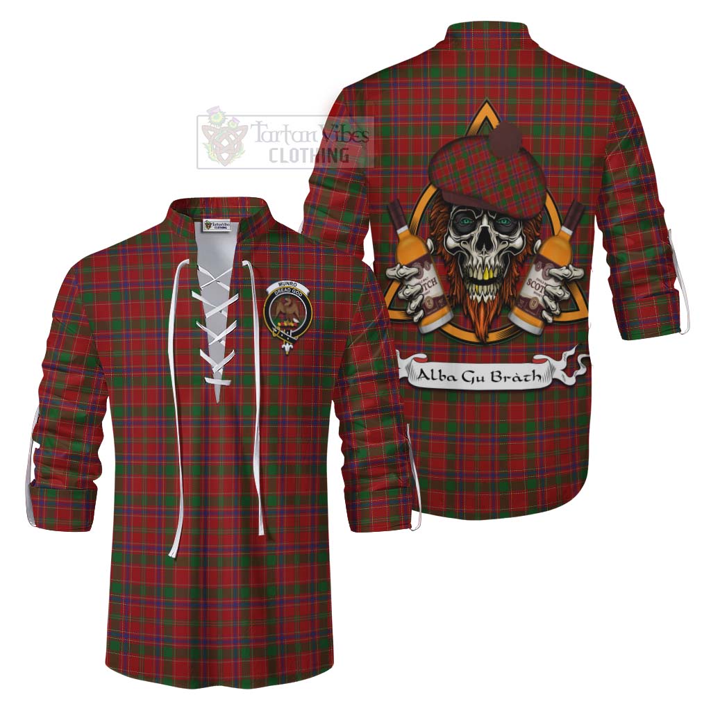 Tartan Vibes Clothing Munro (Monroe) Tartan Ghillie Kilt Shirt with Family Crest and Bearded Skull Holding Bottles of Whiskey