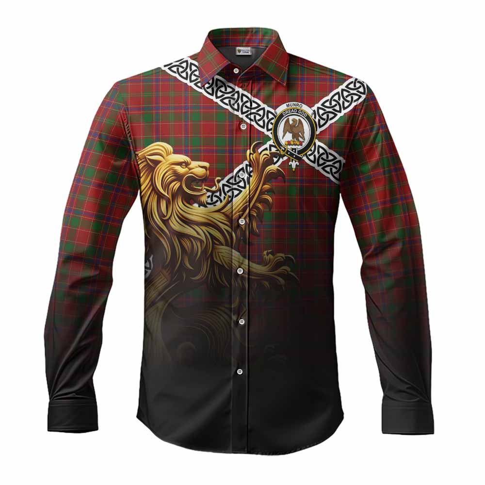 Munro (Monroe) Crest Tartan Long Sleeve Button Shirt with Golden Lion Emblem Celtic Style Men's Shirt S - Tartan Vibes Clothing