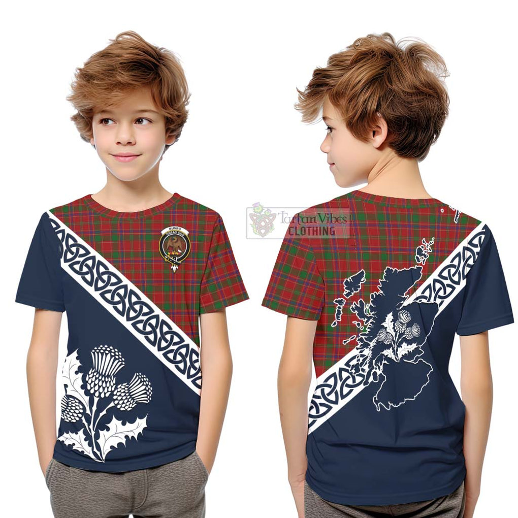 Tartan Vibes Clothing Munro (Monroe) Tartan Kid T-Shirt Featuring Thistle and Scotland Map