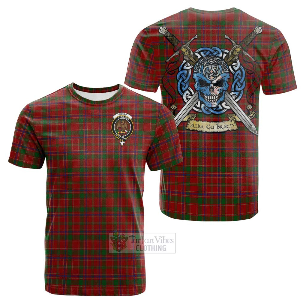 Tartan Vibes Clothing Munro (Monroe) Tartan Cotton T-shirt with Family Crest Celtic Skull Style