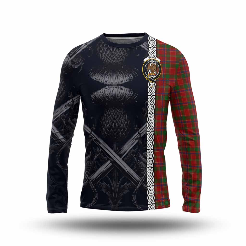 Tartan Vibes Clothing Munro (Monroe) Tartan Long Sleeve T-Shirt with Family Crest Cross Sword Thistle Celtic Vibes