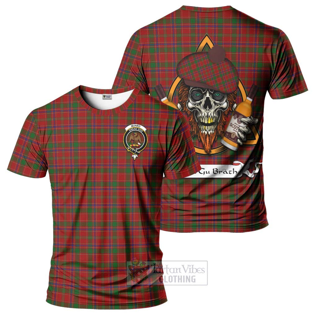 Tartan Vibes Clothing Munro (Monroe) Tartan T-Shirt with Family Crest and Bearded Skull Holding Bottles of Whiskey