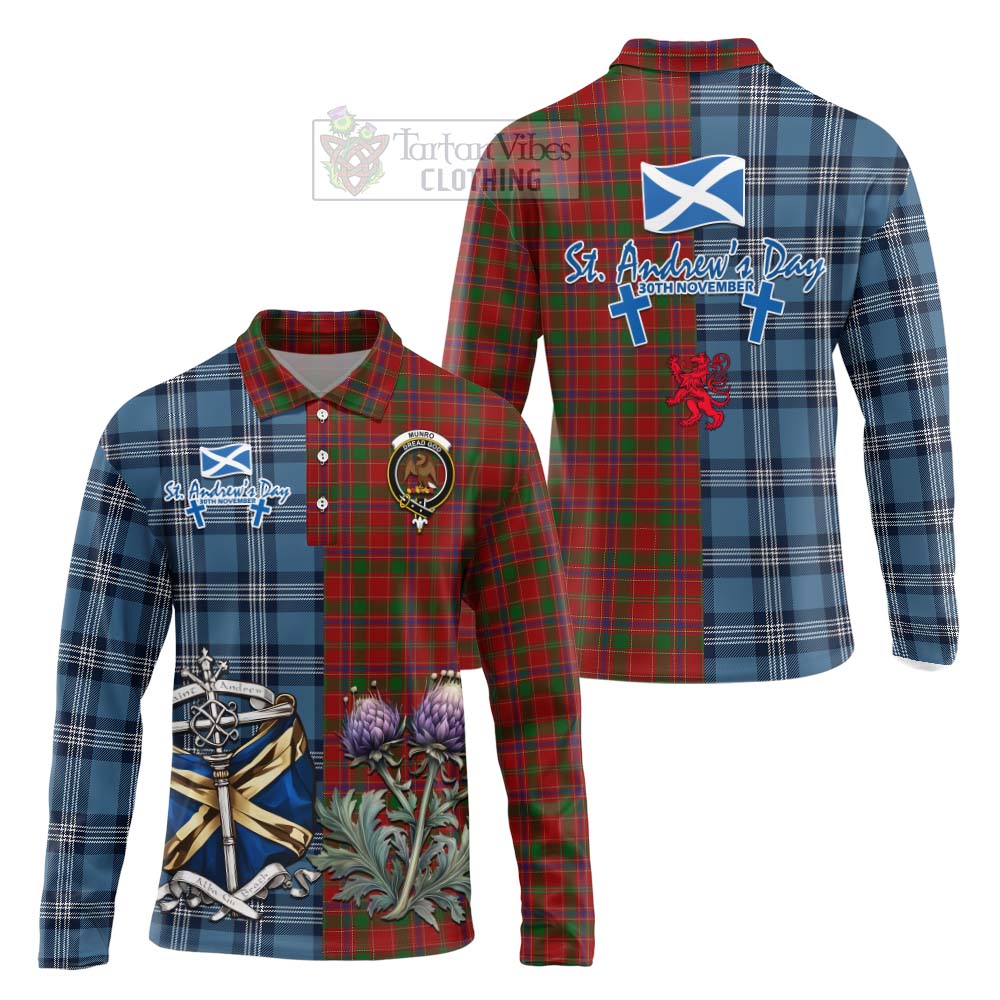 Tartan Vibes Clothing Munro (Monroe) Tartan Long Sleeve Polo Shirt Happy St. Andrew's Day Half Tartan Style