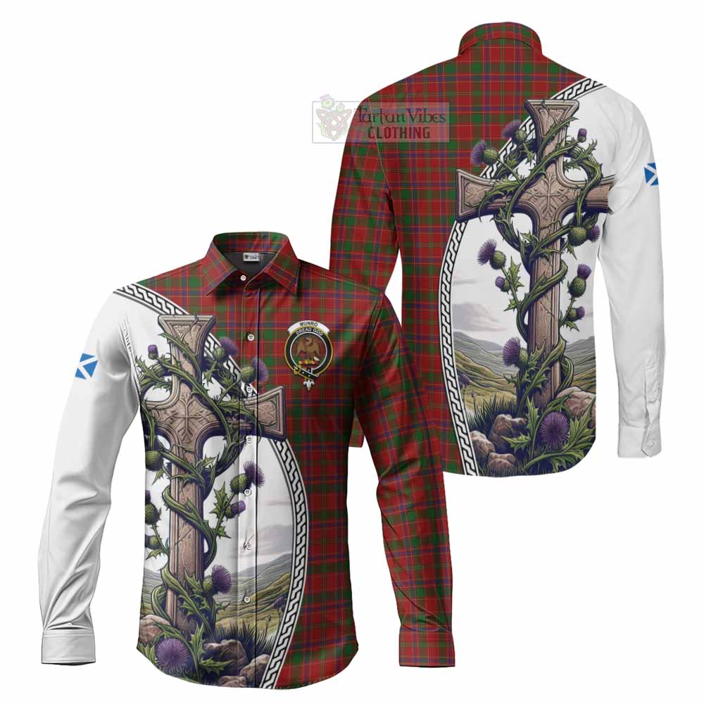 Munro (Monroe) Tartan Long Sleeve Button Shirt with Family Crest and St. Andrew's Cross Accented by Thistle Vines Men's Shirt S - Tartan Vibes Clothing