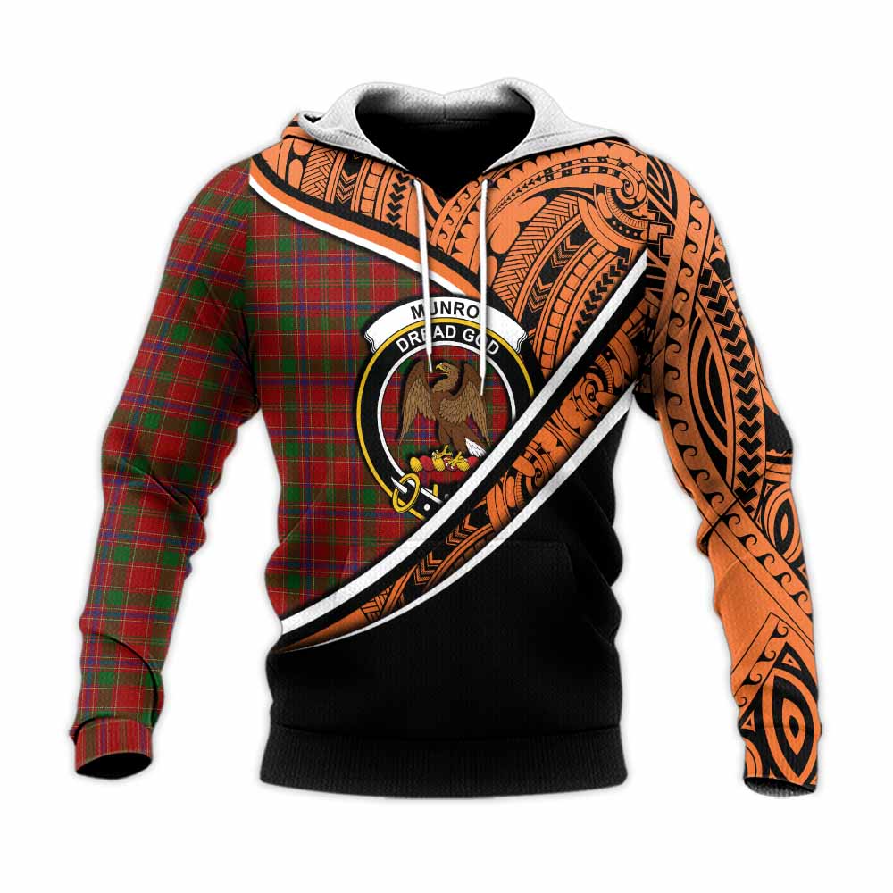 Tartan Vibes Clothing Munro (Monroe) Crest Tartan Knitted Hoodie with Maori Tattoo Style - Orange Version