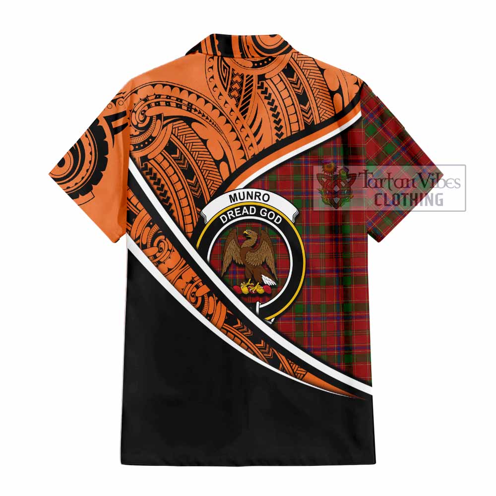 Tartan Vibes Clothing Munro (Monroe) Crest Tartan Short Sleeve Button Shirt with Maori Tattoo Style - Orange Version