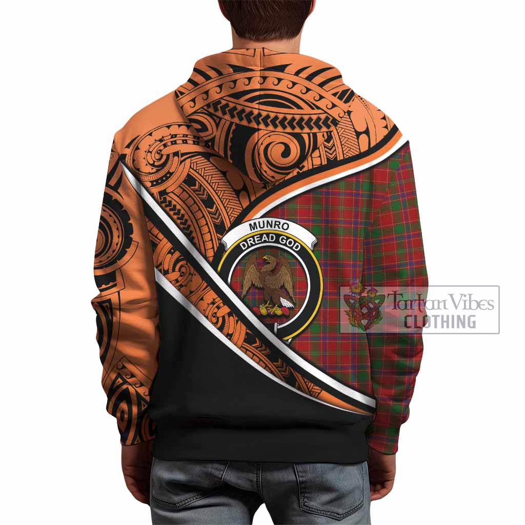 Tartan Vibes Clothing Munro (Monroe) Crest Tartan Hoodie with Maori Tattoo Style - Orange Version