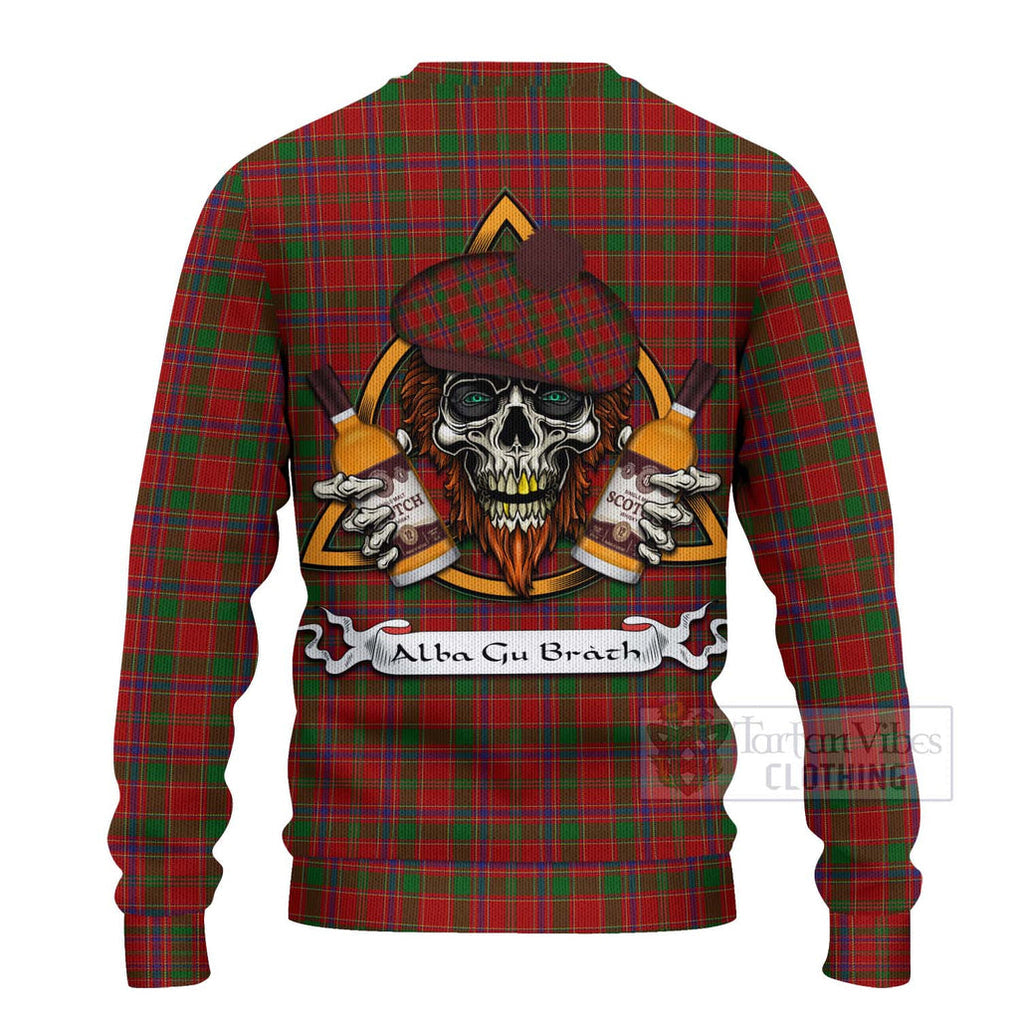 Tartan Vibes Clothing Munro (Monroe) Tartan Knitted Sweater with Family Crest and Bearded Skull Holding Bottles of Whiskey