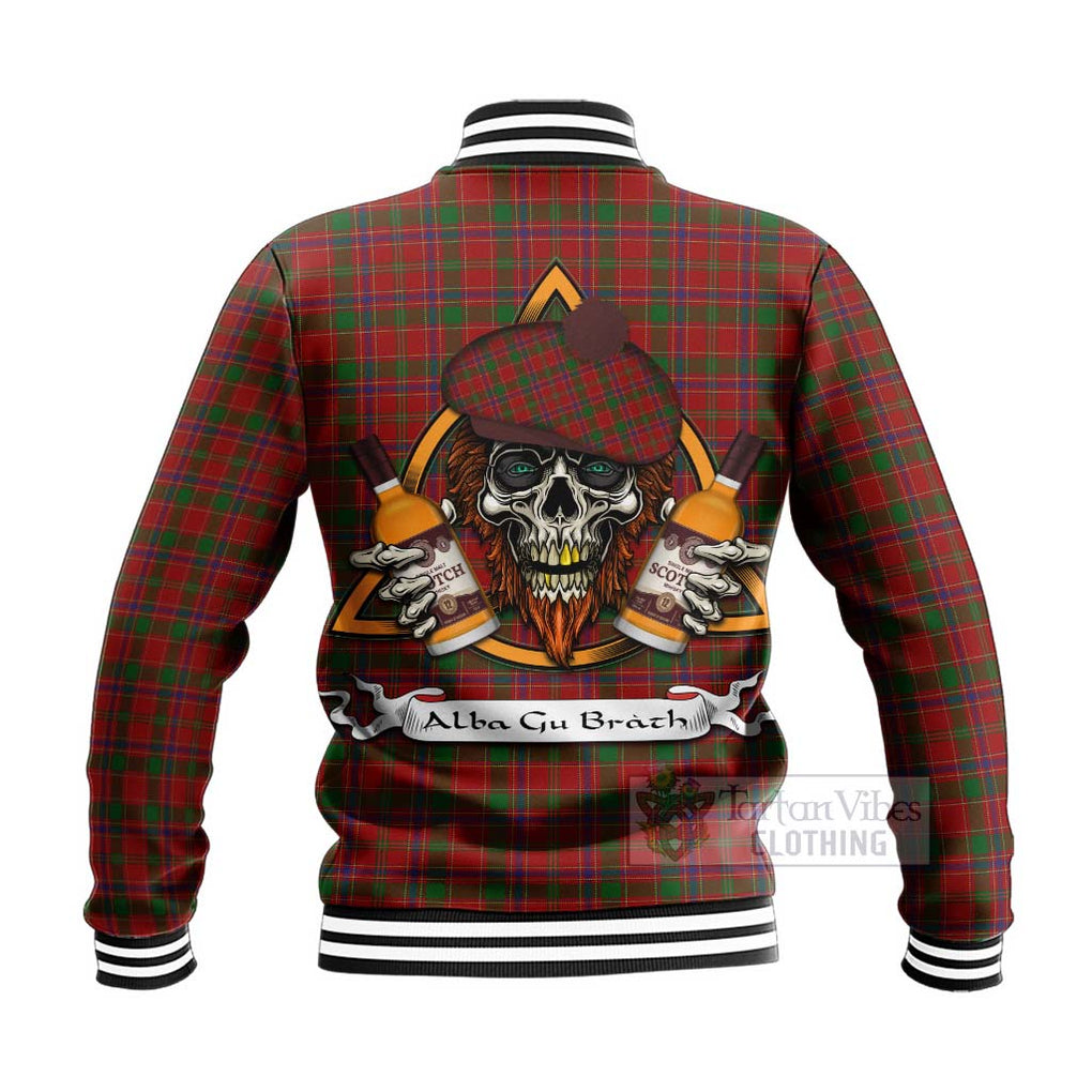 Tartan Vibes Clothing Munro (Monroe) Tartan Baseball Jacket with Family Crest and Bearded Skull Holding Bottles of Whiskey