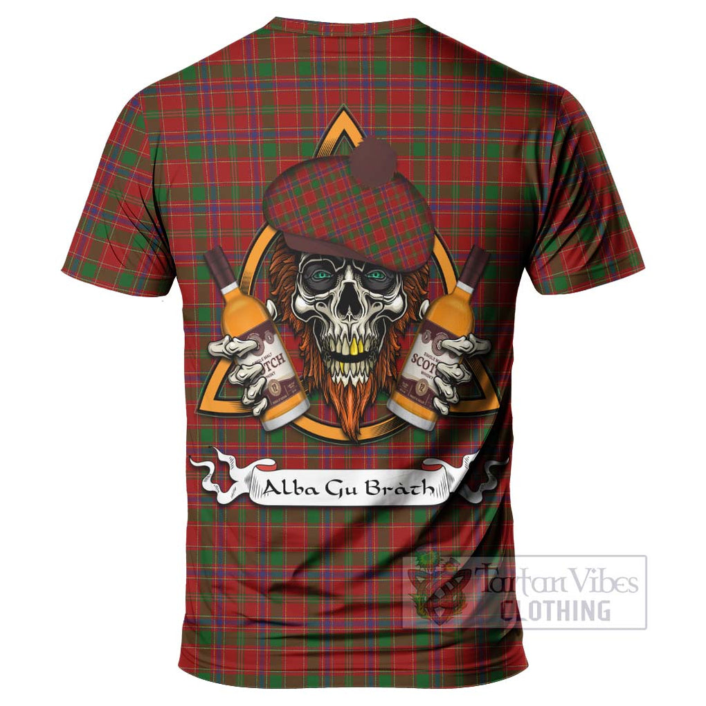 Tartan Vibes Clothing Munro (Monroe) Tartan T-Shirt with Family Crest and Bearded Skull Holding Bottles of Whiskey