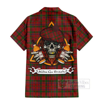 Munro (Monroe) Tartan Short Sleeve Button Shirt with Family Crest and Bearded Skull Holding Bottles of Whiskey