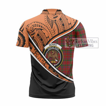 Munro (Monroe) Crest Tartan Zipper Polo Shirt with Polynesian Vibes Style - Orange Version