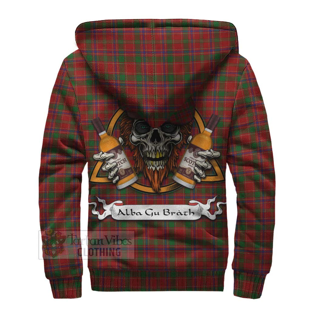 Tartan Vibes Clothing Munro (Monroe) Tartan Sherpa Hoodie with Family Crest and Bearded Skull Holding Bottles of Whiskey