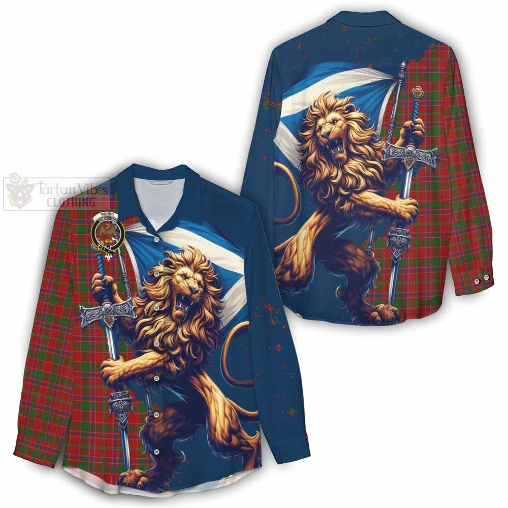 Tartan Vibes Clothing Munro (Monroe) Tartan Family Crest Women's Casual Shirt with Scottish Majestic Lion