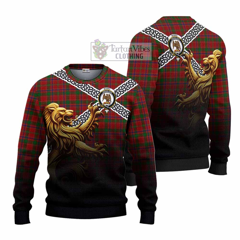 Munro (Monroe) Crest Tartan Knitted Sweater with Golden Lion Emblem Celtic Style - Tartan Vibes Clothing