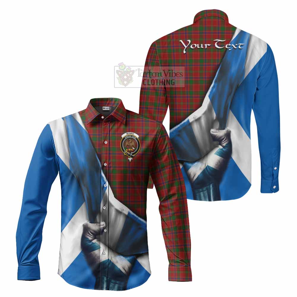 Tartan Vibes Clothing Munro (Monroe) Tartan Long Sleeve Button Shirt with Family Crest Scotland Patriotic Style