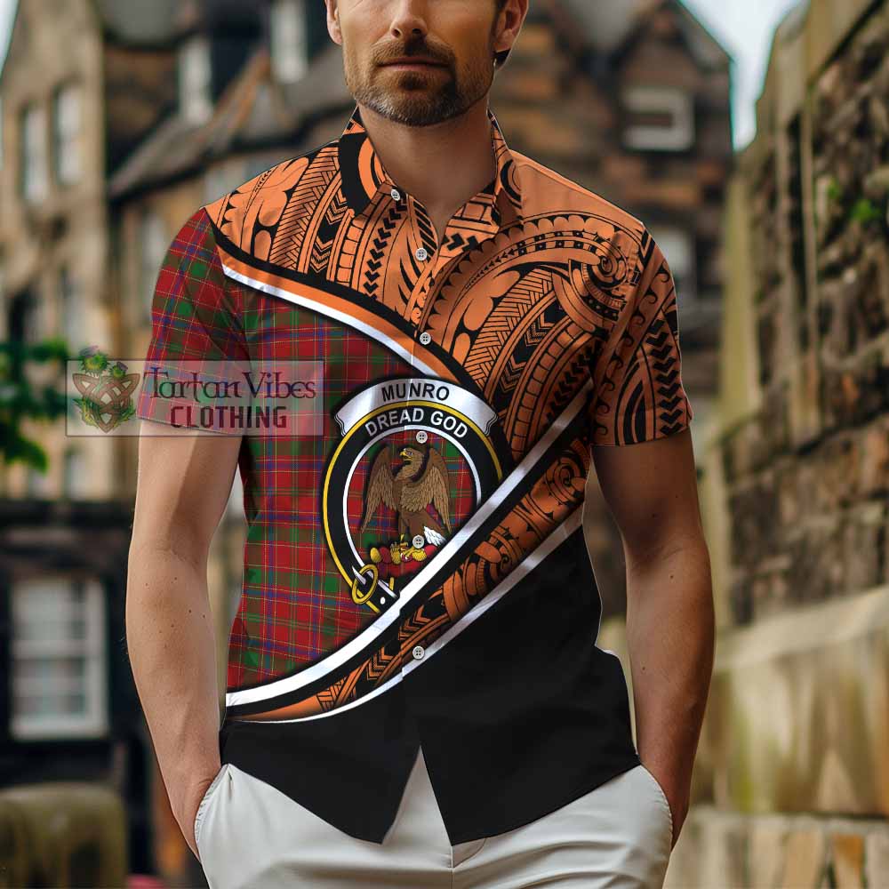 Tartan Vibes Clothing Munro (Monroe) Crest Tartan Short Sleeve Button Shirt with Maori Tattoo Style - Orange Version