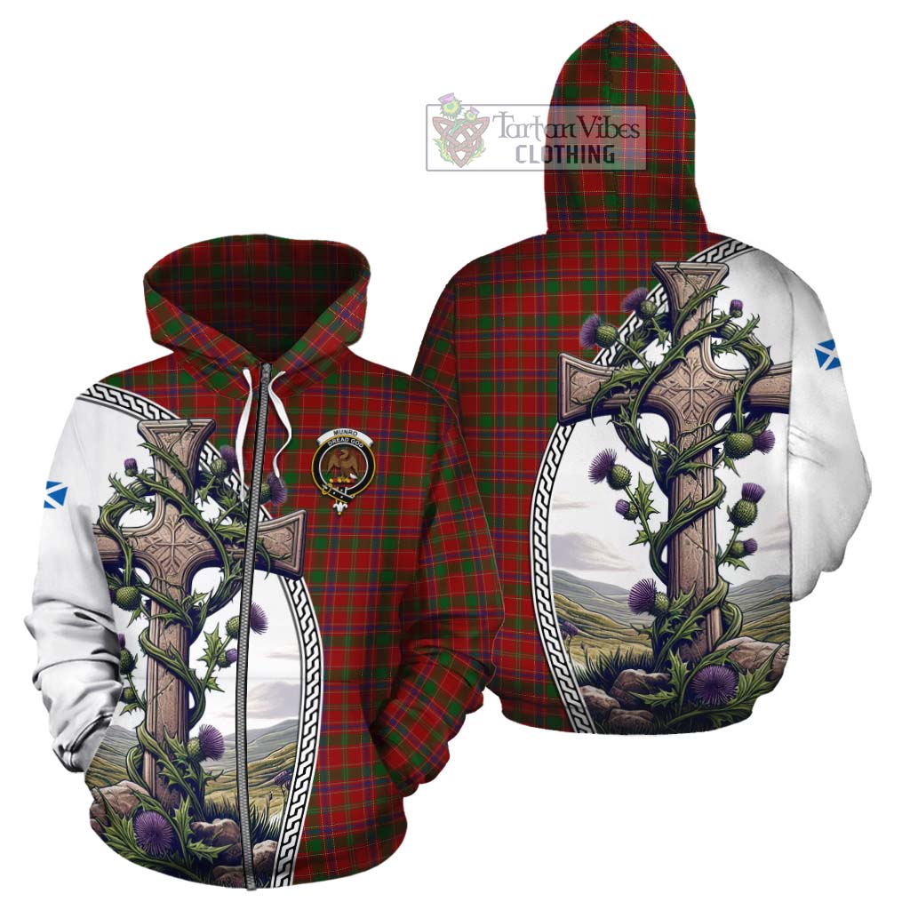 Tartan Vibes Clothing Munro (Monroe) Tartan Cotton Hoodie with Family Crest and St. Andrew's Cross Accented by Thistle Vines