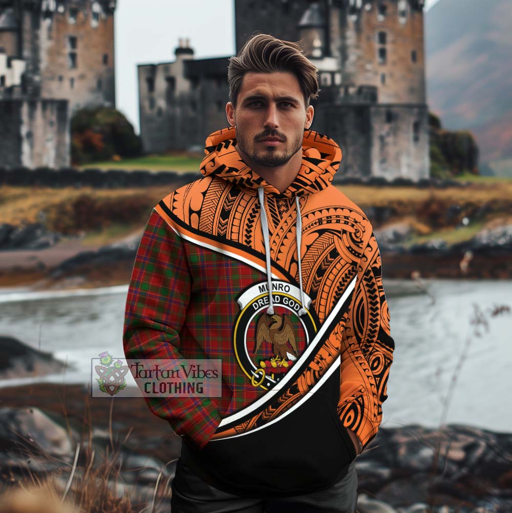 Tartan Vibes Clothing Munro (Monroe) Crest Tartan Cotton Hoodie with Maori Tattoo Style - Orange Version