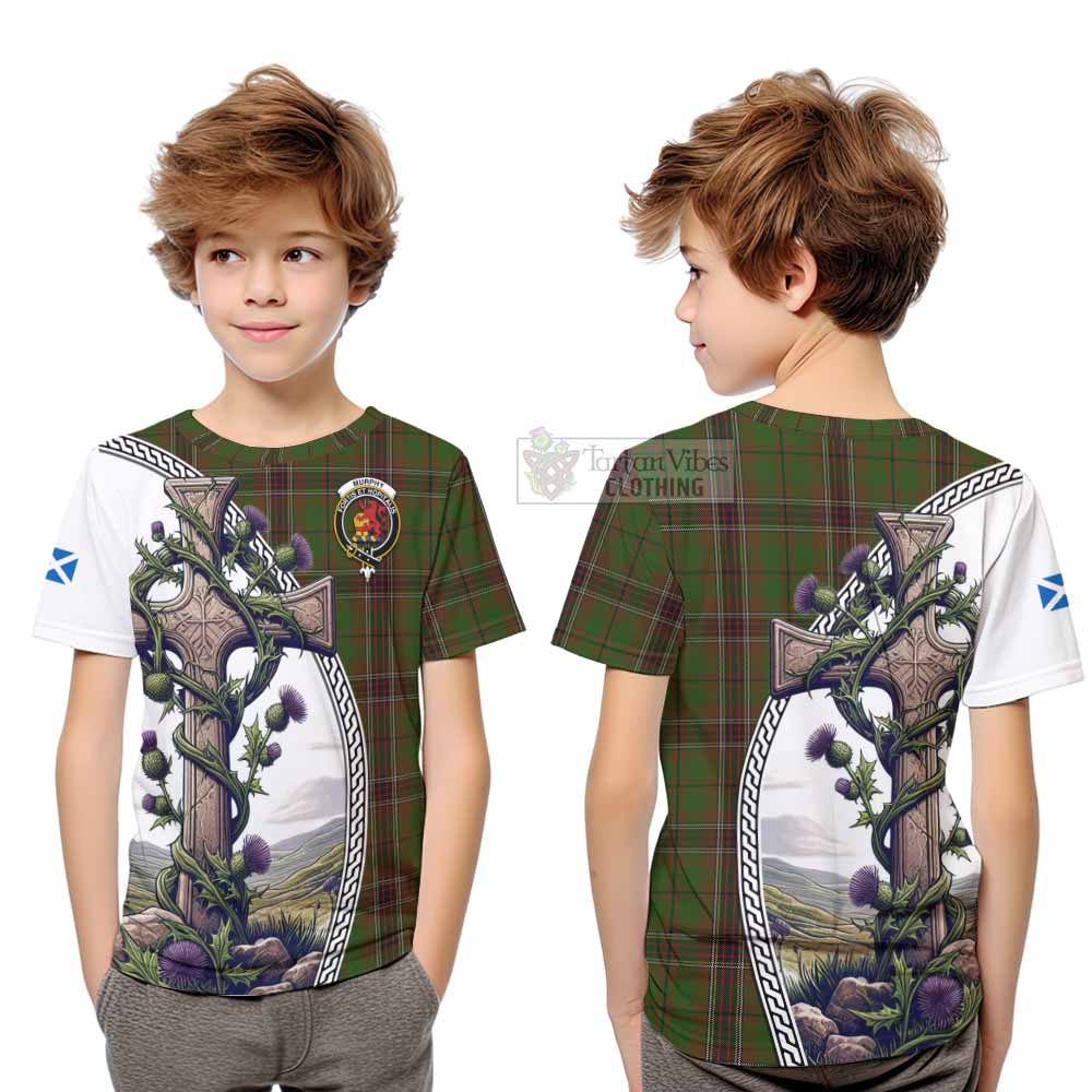 Tartan Vibes Clothing Murphy Tartan Kid T-Shirt with Family Crest and St. Andrew's Cross Accented by Thistle Vines