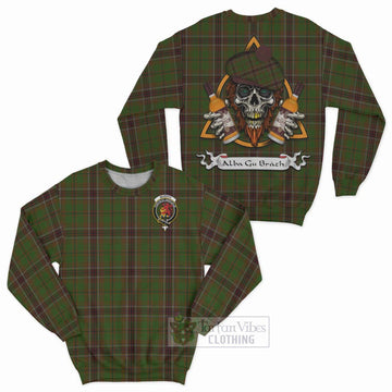 Murphy Tartan Sweatshirt with Family Crest and Bearded Skull Holding Bottles of Whiskey