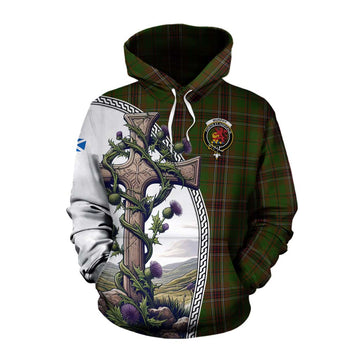 Murphy Tartan Cotton Hoodie with Family Crest and St. Andrew's Cross Accented by Thistle Vines