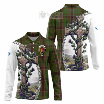 Murphy Tartan Long Sleeve Polo Shirt with Family Crest and St. Andrew's Cross Accented by Thistle Vines