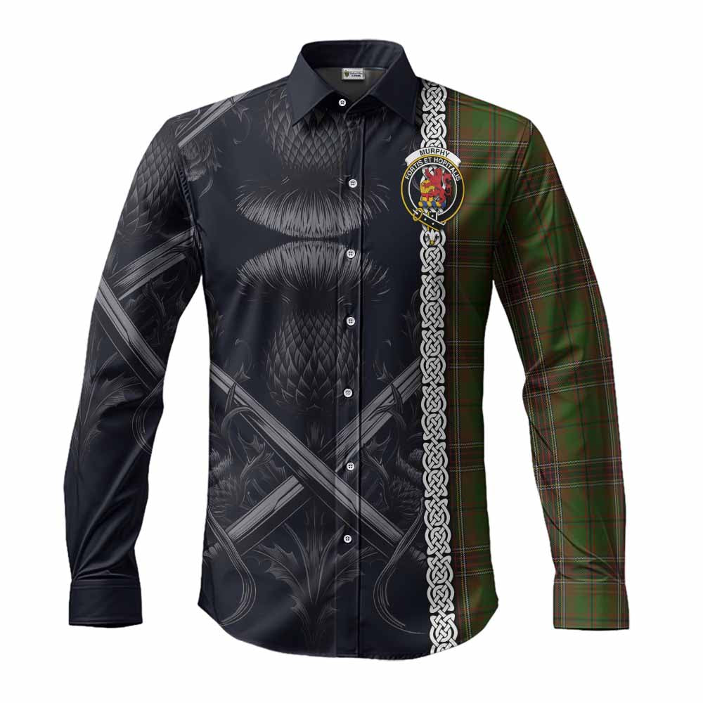 Murphy Tartan Long Sleeve Button Shirt with Family Crest Cross Sword Thistle Celtic Vibes Men's Shirt S - Tartan Vibes Clothing