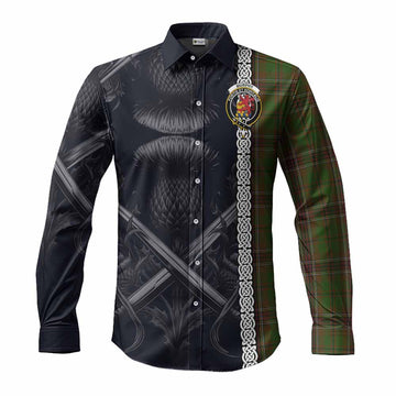 Murphy Tartan Long Sleeve Button Shirt with Family Crest Cross Sword Thistle Celtic Vibes