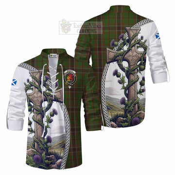 Murphy Tartan Ghillie Kilt Shirt with Family Crest and St. Andrew's Cross Accented by Thistle Vines