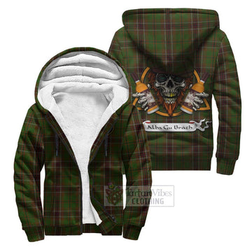 Murphy Tartan Sherpa Hoodie with Family Crest and Bearded Skull Holding Bottles of Whiskey