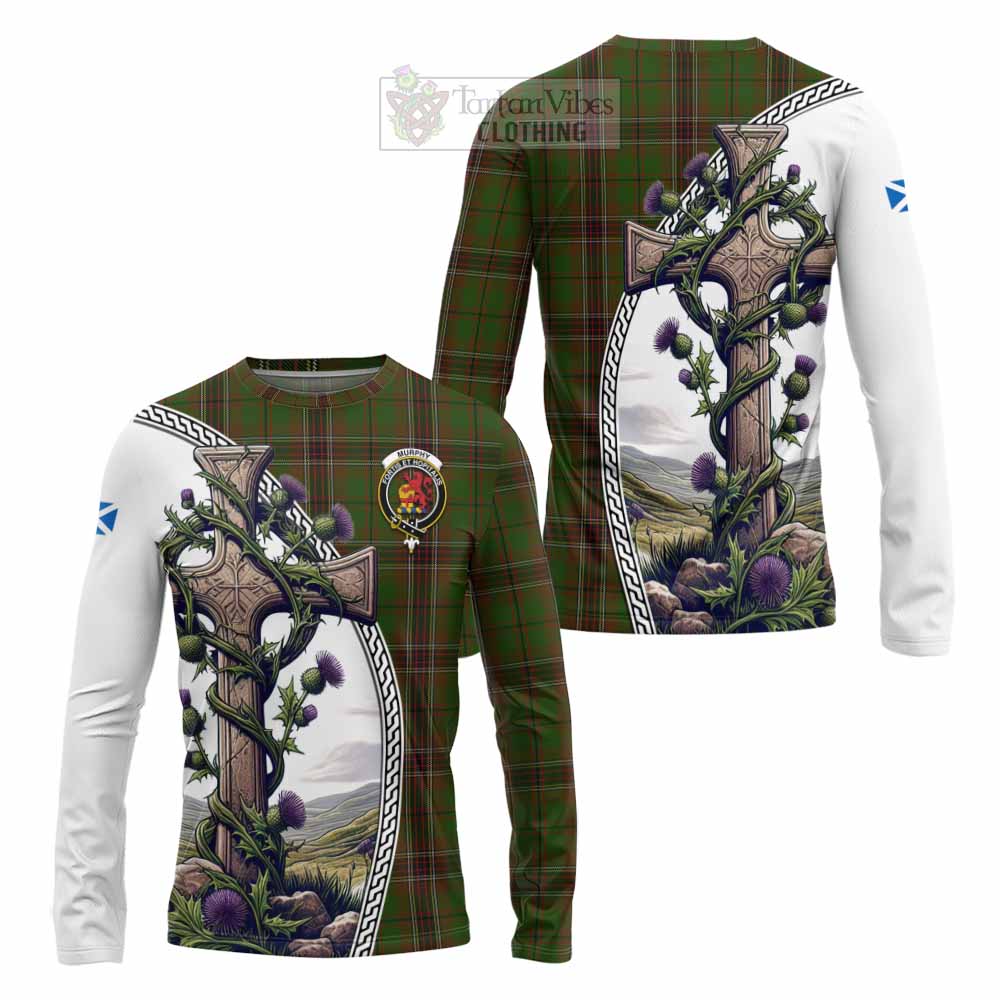 Tartan Vibes Clothing Murphy Tartan Long Sleeve T-Shirt with Family Crest and St. Andrew's Cross Accented by Thistle Vines