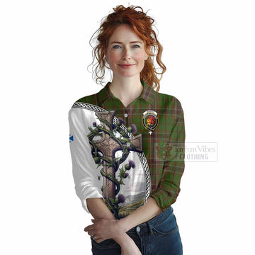 Murphy Tartan Women's Casual Shirt with Family Crest and St. Andrew's Cross Accented by Thistle Vines