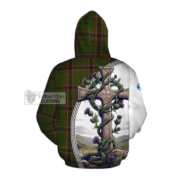 Murphy Tartan Cotton Hoodie with Family Crest and St. Andrew's Cross Accented by Thistle Vines