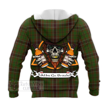 Murphy Tartan Knitted Hoodie with Family Crest and Bearded Skull Holding Bottles of Whiskey