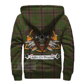 Murphy Tartan Sherpa Hoodie with Family Crest and Bearded Skull Holding Bottles of Whiskey