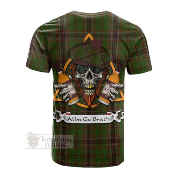 Murphy Tartan Cotton T-shirt with Family Crest and Bearded Skull Holding Bottles of Whiskey - Tartan Vibes Clothing