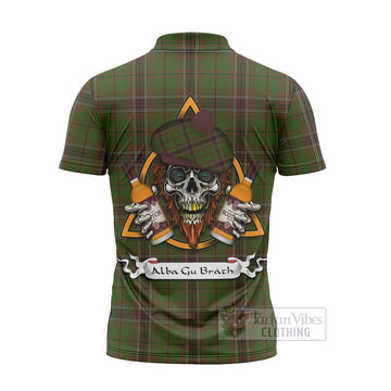 Murphy Tartan Zipper Polo Shirt with Family Crest and Bearded Skull Holding Bottles of Whiskey - Tartan Vibes Clothing