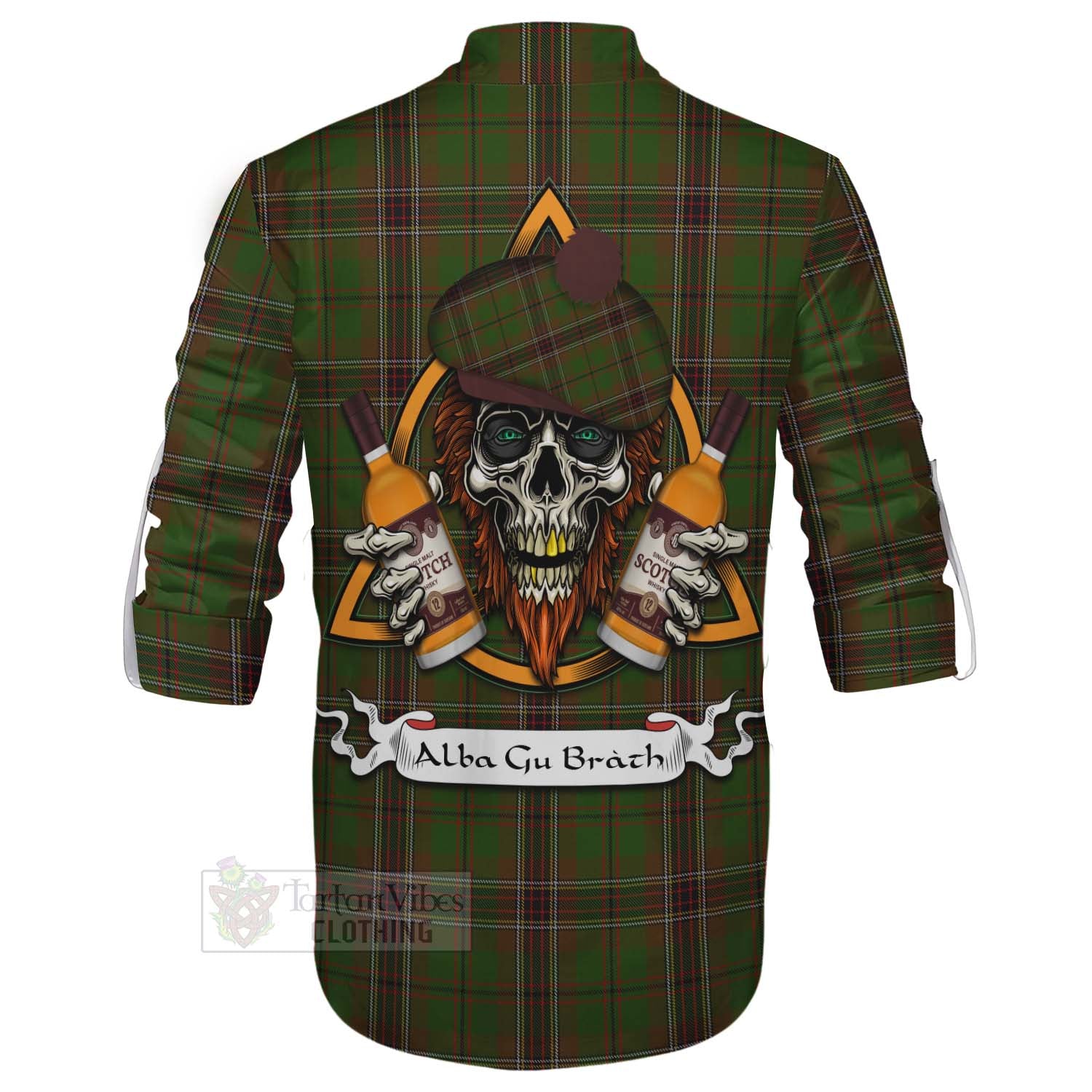 Tartan Vibes Clothing Murphy Tartan Ghillie Kilt Shirt with Family Crest and Bearded Skull Holding Bottles of Whiskey