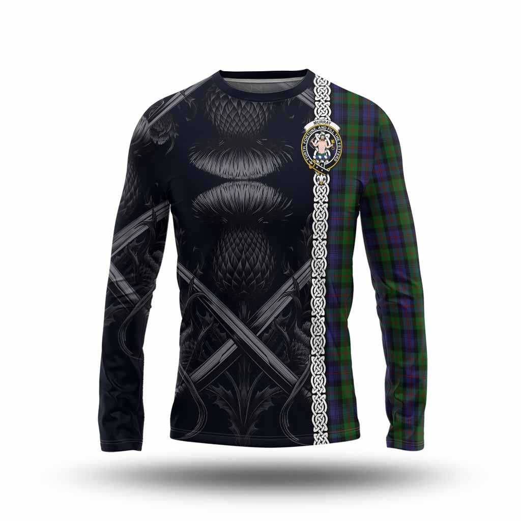 Tartan Vibes Clothing Murray Tartan Long Sleeve T-Shirt with Family Crest Cross Sword Thistle Celtic Vibes